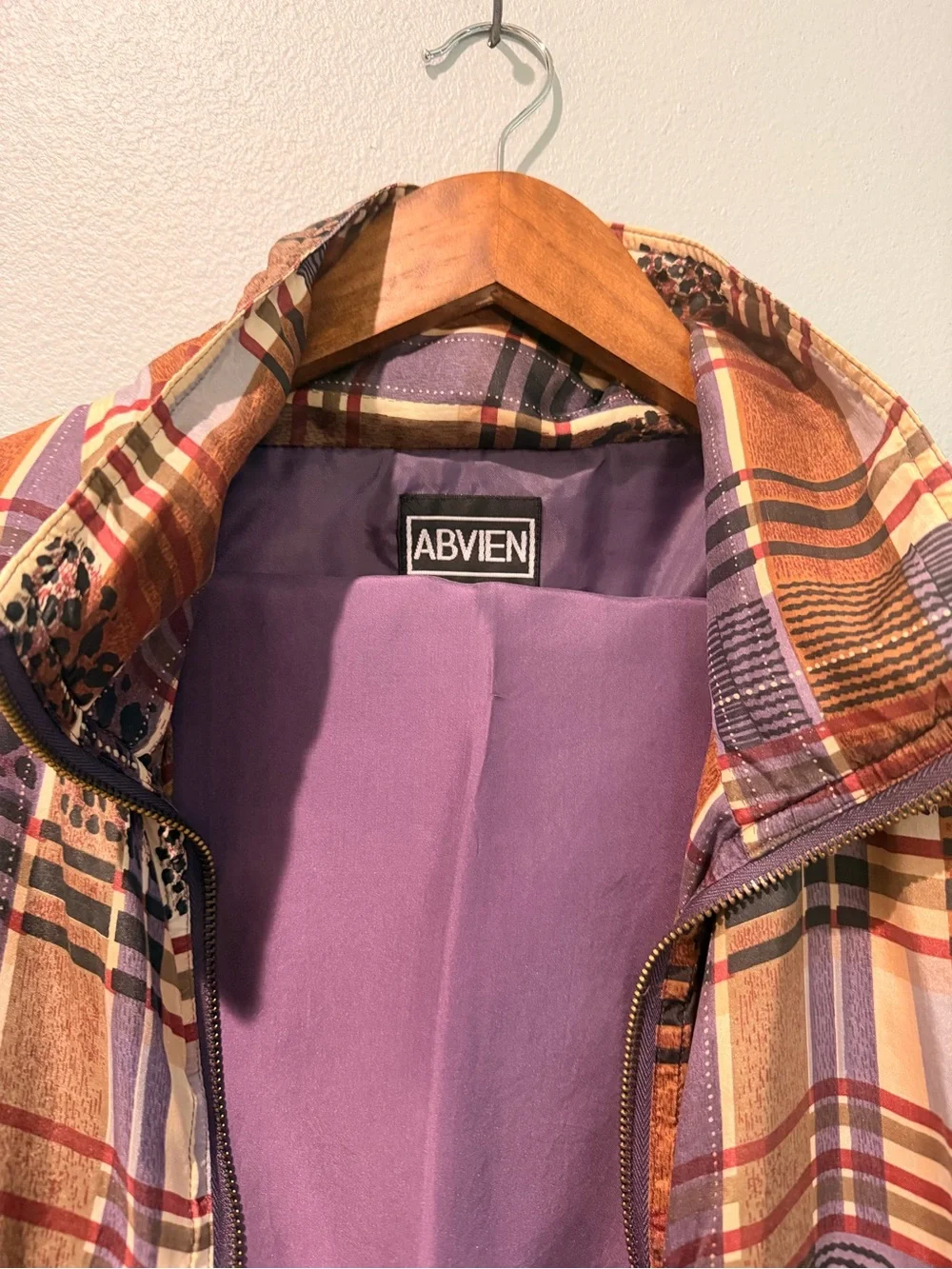Vintage 100% Silk WindBreaker Set Plaid Leopard Bomber Jacket Plum Pants RARE! L